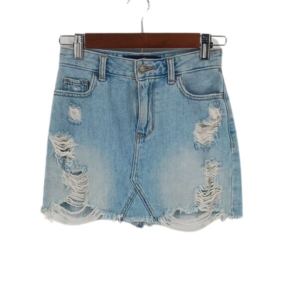 Hollister Medium Wash Distressed Denim Y2K High Rise Jean Mini Skirt Sz 0 - Picture 1 of 8